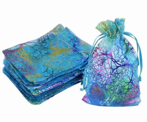 3 taille coralline organza cordon de serrage bijoux emballage sachets fête des bonbons favorise les sacs-cadeaux sacs de conception avec motif de dorure