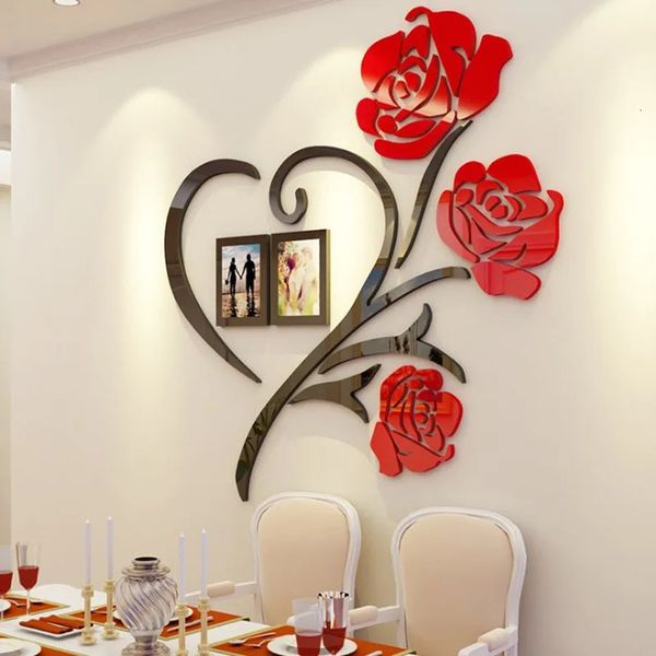3 tailles multipièces motif de fleur de Rose 3D acrylique décoration autocollant mural bricolage affiche cadre photo maison chambre Wallstick 231220