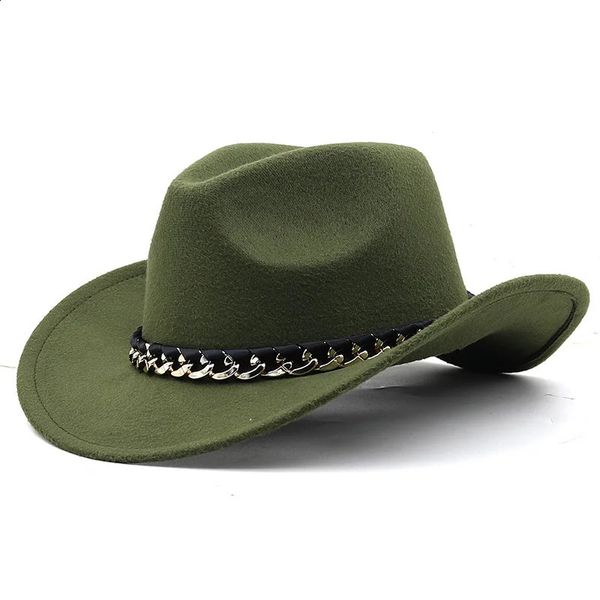3 tailles Western Cowboy Hat chaîne décor large bord Jazz feutre casquette Vintage femmes hommes Fedora en plein air parent-enfant équitation soleil 240311
