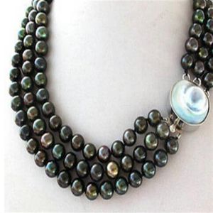 Collar de perlas redondas de pavo real negro de 3 hebras Mabe Blister Pearl Clasp299y