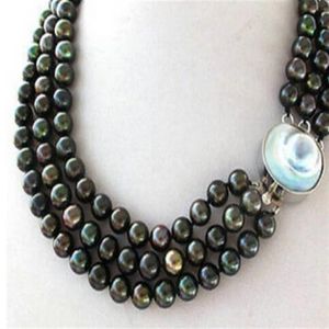 Collier de perles rondes de paon noir à 3 rangs Mabe Blister Pearl Fermoir257J