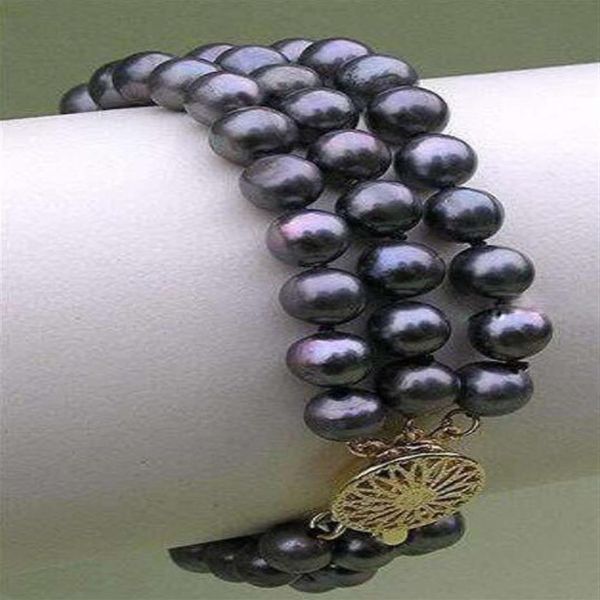 Pulsera de perlas negras de Tahití naturales de 8-9 mm de 3 hebras W210V