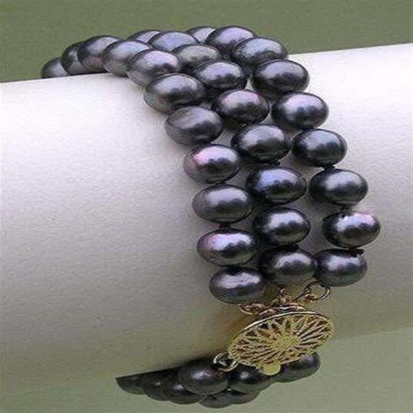 Bracelet en perles noires de Tahiti naturelles, 3 brins, 8-9mm, W309f