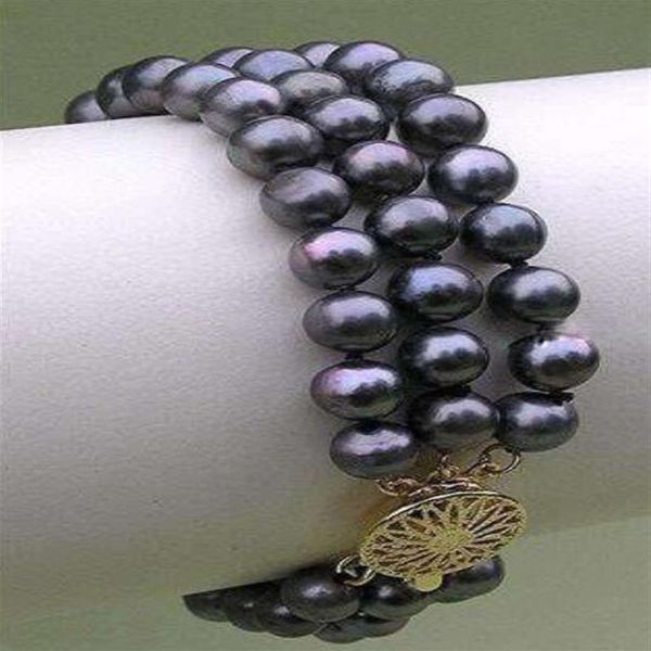 Bracelet en perles noires de Tahiti naturelles, 3 brins, 8-9mm, W296C