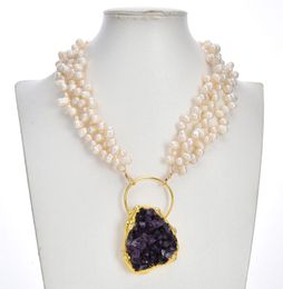 3 brins Collier de perle de riz blanc naturel Bijoux de mode pendentif à l'or plaque à or 24K bijoux pour Lady7648975