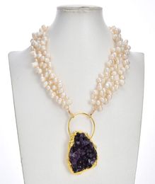 Collier de perles de riz blanc naturel à 3 brins, améthyste violette, pendentif plaqué or 24K, bijoux à la mode pour Lady4135909