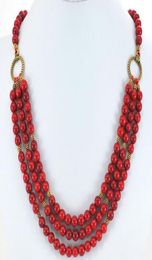 3 brins Corail rouges perles rondes Gold Toggle Collier 19quot 5463108