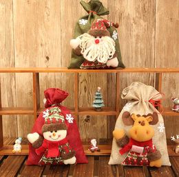 3 Stijl Kerstdecoratie Trekkoord Gift Bag Linnen Snoepzak Cartoon Santa Claus Snowman Eland Kerst Gift Tas Pouch Xmas Apple Tassen
