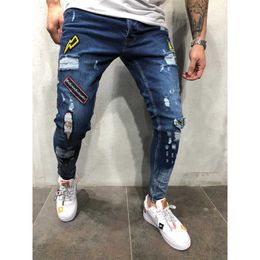 3 Styles Hommes Déchiré Skinny Biker Jeans Détruit Effiloché Imprimer Broderie Slim Fit Denim Pantalon Jean X0621