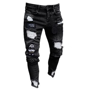 Jeans pour hommes Hommes Stretchy Ripped Skinny Biker Broderie Imprimer Détruit Trou Scotché Slim Fit Denim Rayé