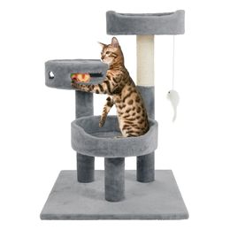 Gato de 3 camadas com poste para arranhar corda de sisal, 2 poleiros para dormir com carpete, mouse pendurado e brinquedo interativo para uso interno de gatos da Gray