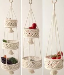 Panier de suspension de macrame à 3 niveaux Boho Home Decor Flower Plant Panier de fruits suspendu pour cuisine intérieure extérieure décorative 220219507316