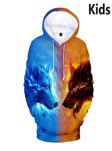 3 tot 14 jaar Hoodies voor kinderen Ice Fire Wolf 3D-geprint sweatshirt met capuchon Jongens Meisjes Cartoon jas met lange mouwen Tienerkleding7188819