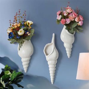 3 types modernes en céramique blanche coquille de mer conque fleur vase tenture murale décor à la maison salon fond mur décoré vase 210409