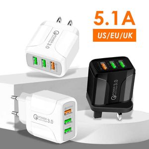 3 USB Telefoonlader Flat Panel Power Adapter QC3.0 Snel opladen 5.1A Britse standaard Multi Port Laying Head