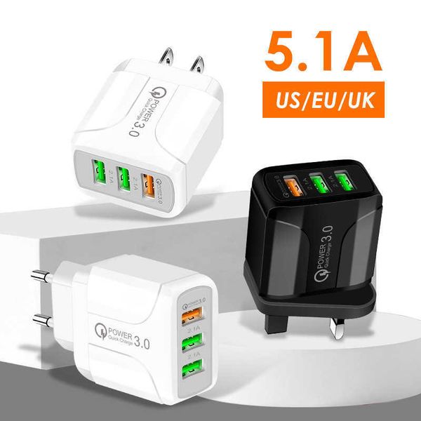 3 USB Téléphone Panneau plat Adaptateur d'alimentation QC3.0 Charge rapide 5.1A British Standard Multi Port Head