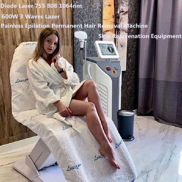 Épilation au laser à diode à 3 longueurs d'onde 755 808 1064nm Machine à épiler Équipement de refroidissement permanent indolore 600W pour choisir toutes les couleurs Type Utilisation en salon de beauté