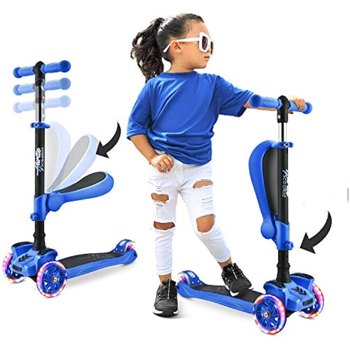 Scooter de 3 rodas para suporte de crianças / patinetes dobráveis de brinquedo para crianças com altura ajustável plataforma antiderrapante luzes de roda intermitentes para meninos / meninas de 2 a 12 anos