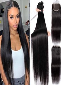 30 32 34 36 38 40 pouces Extensions de tissage de cheveux humains droits brésiliens 4 paquets avec fermeture au milieu 3 parties Double trame Dyeab6059184