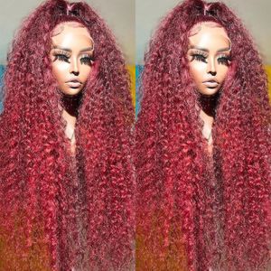Perruque Lace Frontal Wig naturelle bouclée, cheveux naturels, Loose Deep Wave, couleur rouge bordeaux 99J, 30 32 pouces, 13x4, 150%, pour femmes