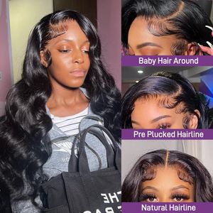 Perruque Lace Frontal Wig Body Wave naturelle, cheveux humains, 30 40 pouces, 13x6, Transparent, 5x5, Lace Closure Wig, T Part, pour femmes