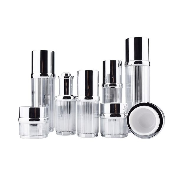 30/50 / 100ml rechargeable argent brossé argent pompe de pompe de voyage distributeur de distributeur de voyage 15/30 / 50g de crème acrylique pour baumes à lèvres, crèmes, maquillage, cosmétiques