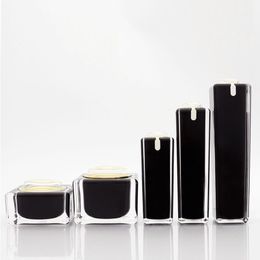 30/50/100ml Square Black Acrylic Lotion Pump Botellas cosméticas Cuidado de la piel de lujo 15/30/50g Tarro de crema Maquillaje Evitar Light Container Pot F02 Vjsw