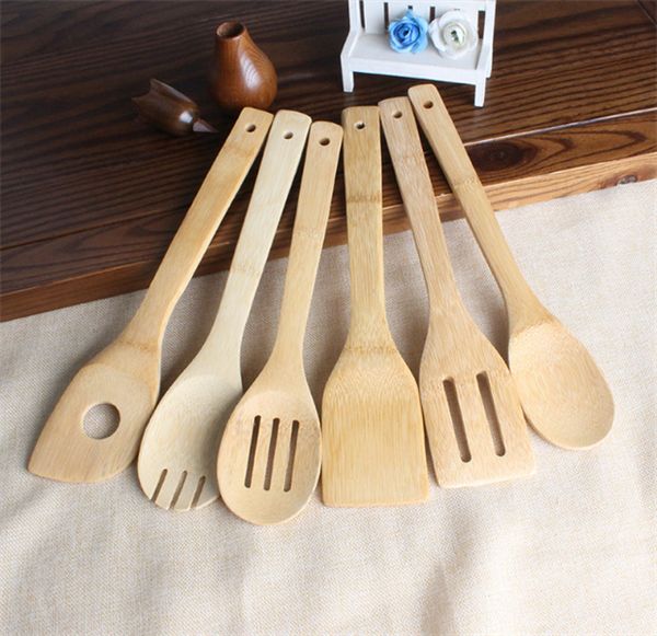 30 * 6 cm Bambou Cuillère Spatule 6 Styles Portable En Bois Ustensile Cuisine Cuisson Turners Fente Mélange Titulaire Pelles JL1261