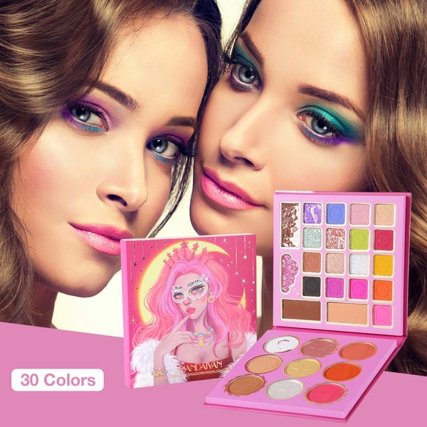 Paleta de sombra de ojos de 30 colores, brillo mate brillante, paleta de sombra de ojos de larga duración, colorete, bronceador, juego de maquillaje destacador