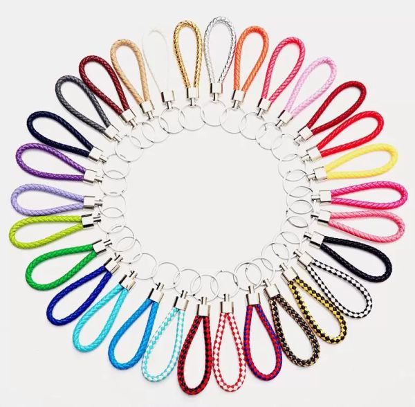 Porte-clés en cuir PU tressé et tissé, 30 couleurs, anneaux en corde adaptés au bricolage, pendentif circulaire, porte-clés de voiture, vente en gros