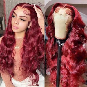 Peluca de cabello humano con frente de encaje ondulado para mujer, pelo rojo sin pegamento de 30 pulgadas, 99j, color borgoña, peluca Frontal de encaje rojo Hd