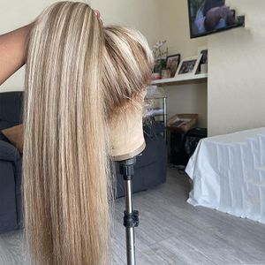 Peluca de cabello humano con encaje Frontal para mujer, pelo rubio liso de 30 pulgadas, sin pegamento, 13x4, con encaje Frontal recto de hueso