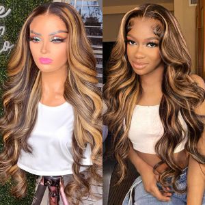 30 Inch Gekleurde 4/27 Hoogtepunt Body Wave 13x6 Lace Front Menselijk Haar Pruiken Honing Blonde13x4 Water Wave kant Frontale Pruiken voor Vrouwen