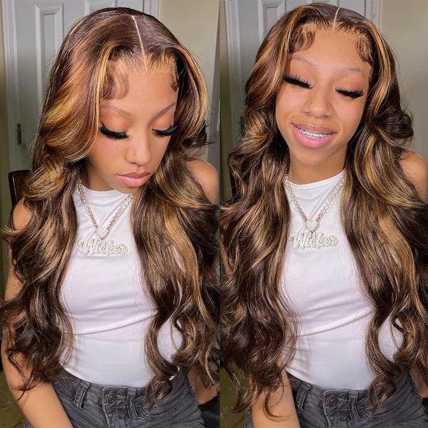 Perruque Lace Front Wig Body Wave brésilienne sans colle, cheveux naturels à reflets colorés, 30 pouces, 13x4 Hd, Loose Wave transparente, pour femmes