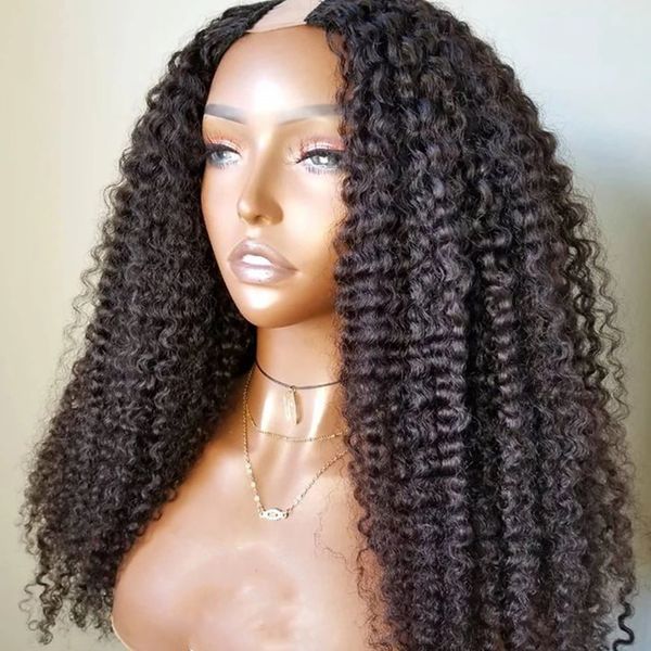 30 pouces de long U Part Kinky Curly 250 Densité Indian Remy Hair Perruques entièrement fabriquées à la machine pour les femmes noires Perruque 100% non transformée avec peignes et sangles