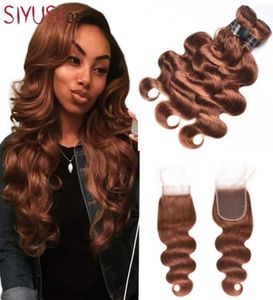 30 Licht Auburn Bruin Braziliaanse haar Body Wave 34 Bundels met sluiting 9A Grade onbewerkte maagdelijke Braziliaans menselijk haar Weave WI5628186