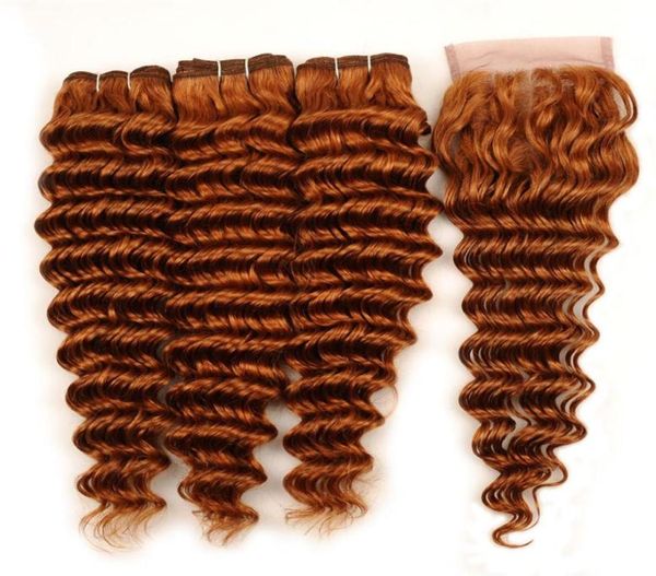 30 paquetes de onda profunda de color castaño claro con cierre El cabello humano brasileño virgen teje 3 ofertas de paquetes con cierre de encaje 4x4 Part7140744