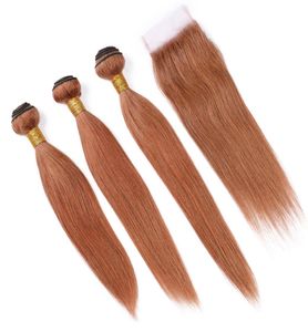 30 fermeture de dentelle de cheveux humains auburn moyen avec des paquets brésiliens droits couleur auburn tisse des extensions de cheveux vierges avec fermeture 3925478
