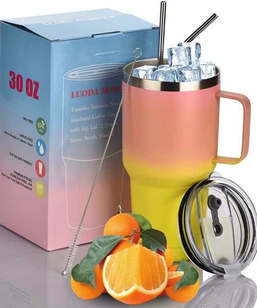 Gobelet de 30 oz en acier inoxydable à double paroi, tasse de voyage isolée sous vide avec poignée, couvercle et 2 pailles, garde les boissons froides/chaudes avec brosse de nettoyage, boîte cadeau