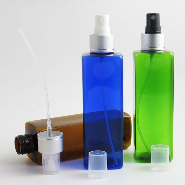 30 pièces 240 ml carré en plastique vaporisateur de brouillard 8 oz clair bleu ambre vert parfum atomiseur bouteille pour voyage rechargeable