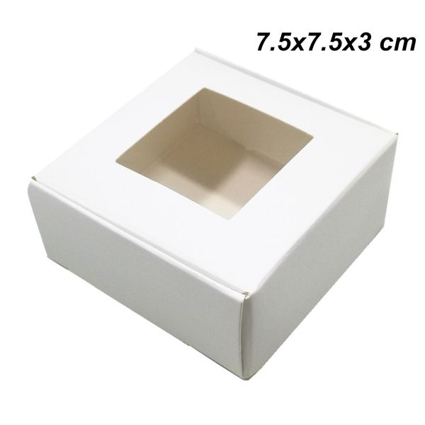 30 PCS 7.5X7.5X3cm Caja de embalaje de regalo de papel artesanal blanco con ventana transparente Cajas de jabón hechas a mano DIY Papel Kraft Pastel de bodas Galletas Chocolate