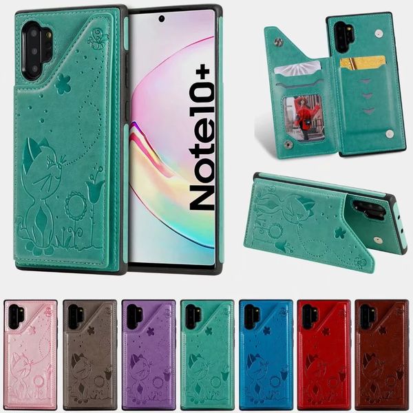 Estuches para teléfonos a prueba de golpes para Samsung Galaxy Note20 S21 S20 Ultra Note10 S10 Plus Estuche protector con función atril de cuero PU con relieve de gato y abeja con ranuras para tarjetas