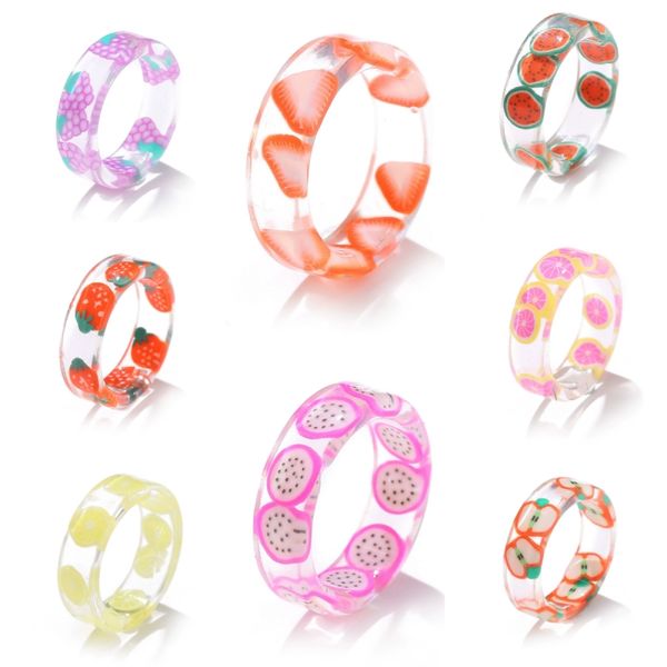 30 / pcs Mixte 8 Couleur Transparente Mode Résine Fruits Bague Ensemble Doux Tempérament Acrylique Bague Femmes Bijoux De Fête Amis Cadeau En Gros