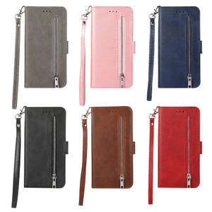Wallet telefoonhoesjes voor iPhone 14 13 12 11 Pro Max X XS XR 7 8 Plus Solid Color Pu Leather Flip Standstand Cover Cowly met rits muntbeurs