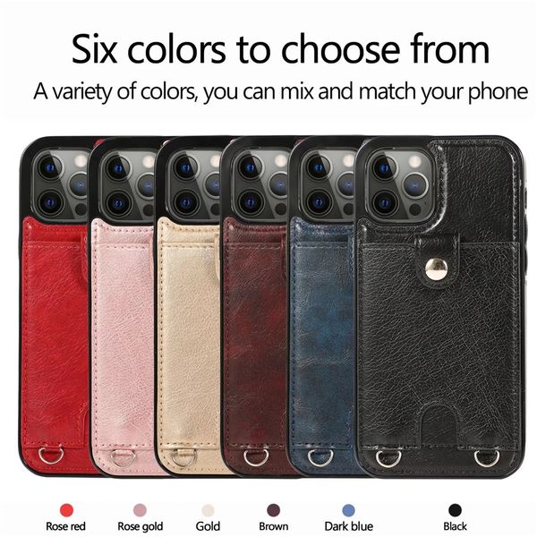 Coques de téléphone antichoc pour iPhone 14 13 12 11 Pro Max XR XS X 7 8 Plus Couleur unie Crazy Horse Texture PU Housse de protection en cuir avec bandoulière