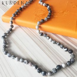 30 "32" 36 "40" 42 "60" 72 "de largo collares anudados largos nudo de piedra curativa collar Mala Yoga gris J-asper gargantillas de cuentas