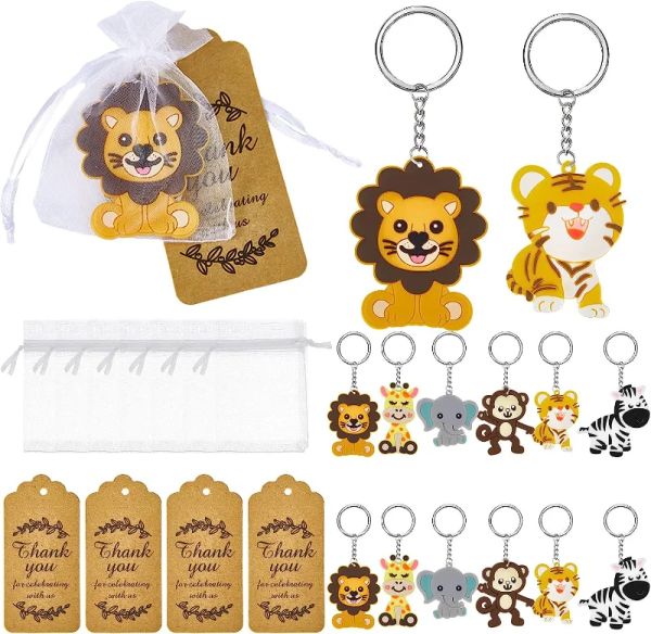 30 sets de zoológico animales fiestas de fiesta safari animal keychains con etiquetas de agradecimiento bolsas orgánicas para baby shower cumpleaños para fiestas de cumpleaños