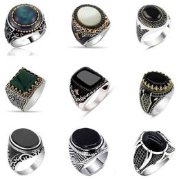 30 stijlen Vintage Handgemaakte Turkse Zegelring voor Mannen Vrouwen Oude Zilveren Kleur Zwarte Onyx Steen Punk Ringen Religieuze Jewelry237Y