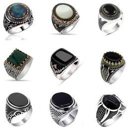 30 estilos Vintage hecho a mano anillo de sello turco para hombres mujeres Color plata antigua piedra de ónix negro anillos punk joyería religiosa 190W