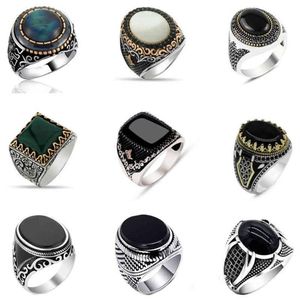 30 styles Vintage fait à la main chevalière turque pour hommes femmes antique couleur argent noir Onyx pierre Punk anneaux bijoux religieux299V
